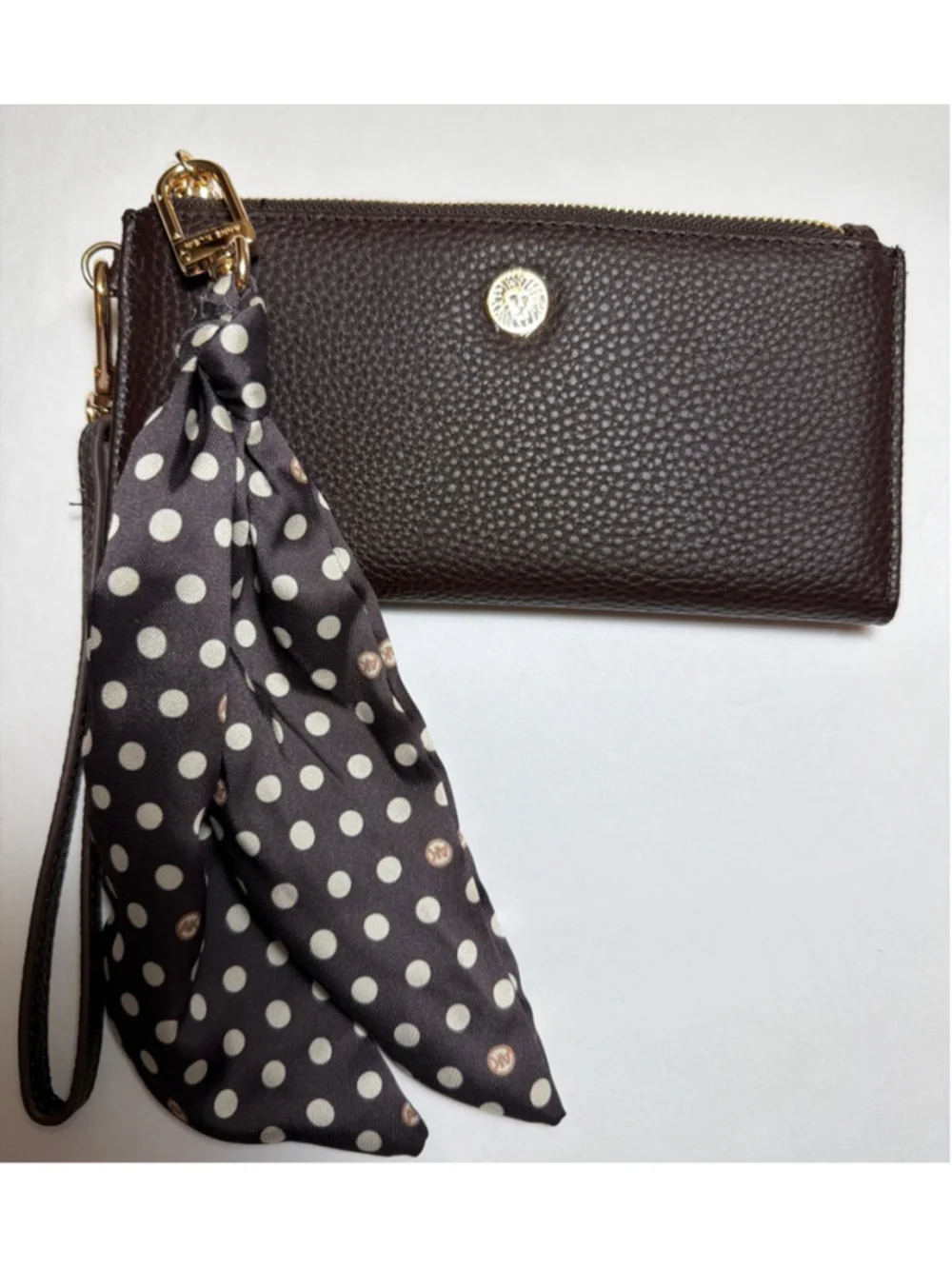 Women's Anne Klein Pebbled Brown Wristlet Wallet With Polka Dot Scarf NWOT